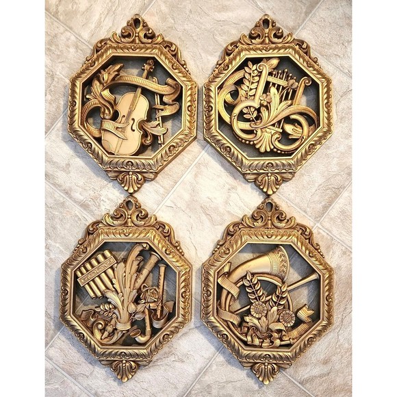Accents Vintage Homco Wall Decor Plaques Gold Tone Musical